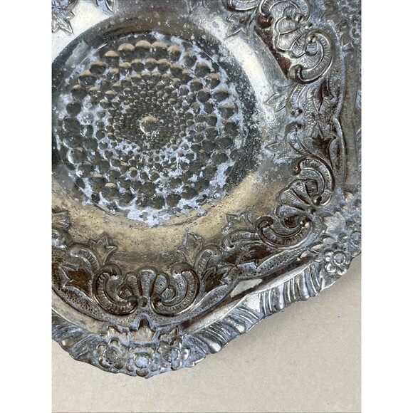 3 VTG Ornate Embossed Metal Trinket Dish 4.5” Floral Scroll Baroque Jewelry Tray - Picture 6 of 11